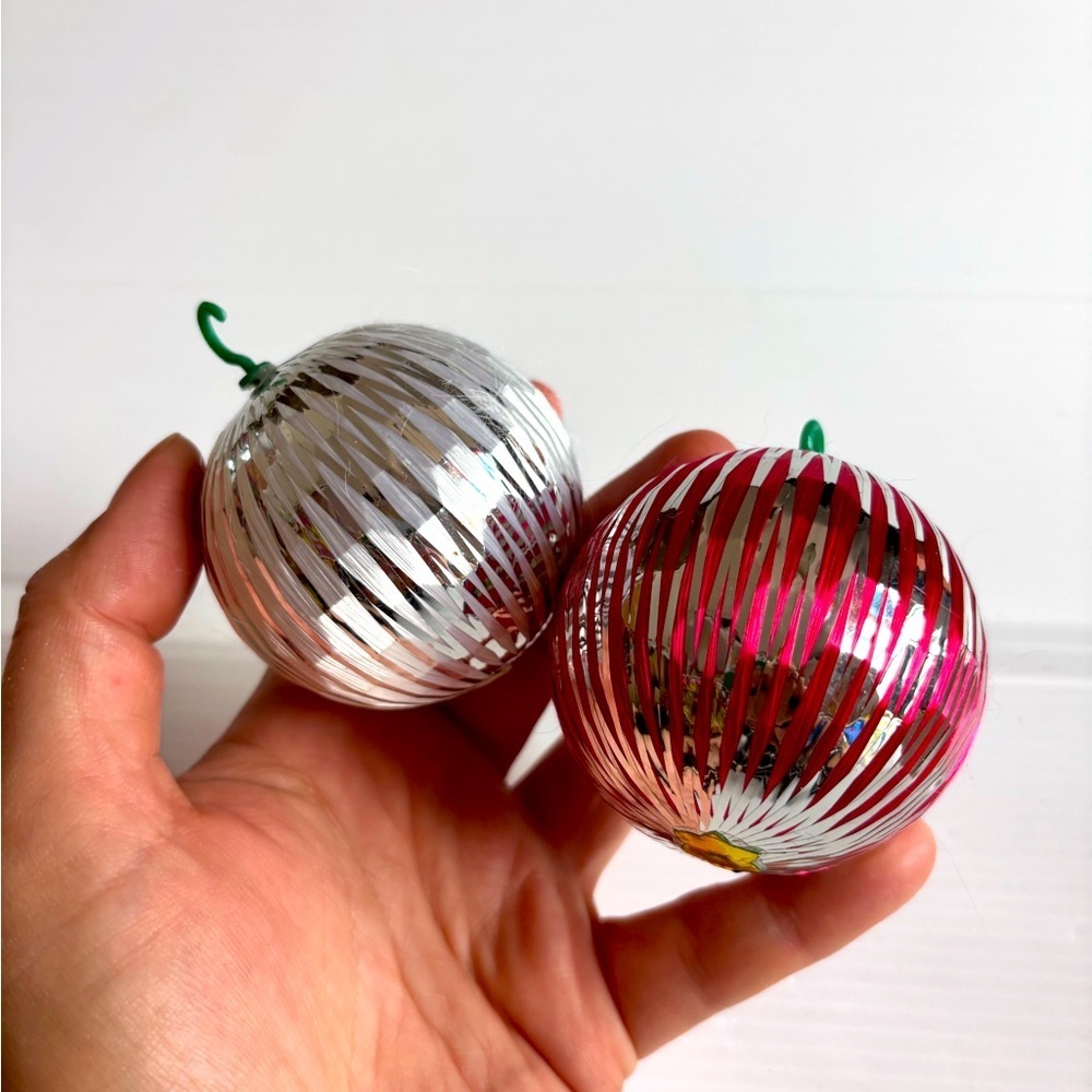Japan Christmas Ornaments Silver Red Set of 2 Vintage